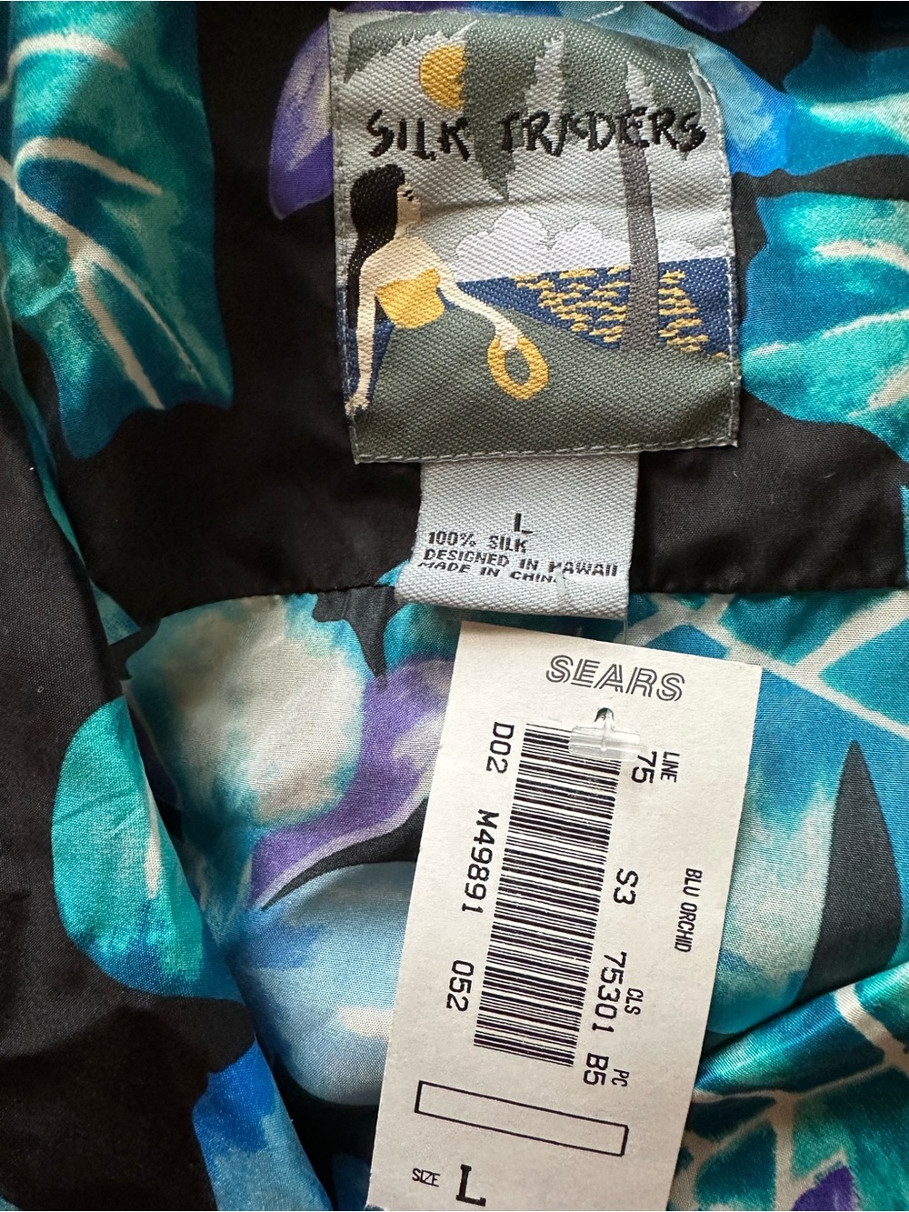 Silk Traders Hawaii 100% Silk Blue Orchid Camp Shirt Women’s L NWT - Picture 4 of 4
